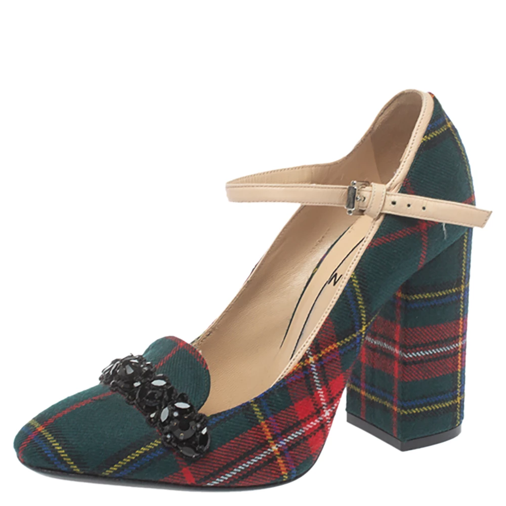 N21 Green Check Fabric Mary Jane Pumps Size 38.5 Women N21 Green Check Fabric Mary Jane Pumps Size 38.5 Women -N21shop luxury women n21 used shoes p376105 002