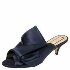 N21 Nº21 Navy Blue Satin Raso Knot Peep Toe Kitten Heel Mules Size 37 Women Sandals