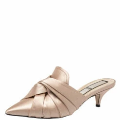 N21 Nº21 Beige Satin Knot Pointed Toe Kitten Heel Mules Size 38 Women Sandals