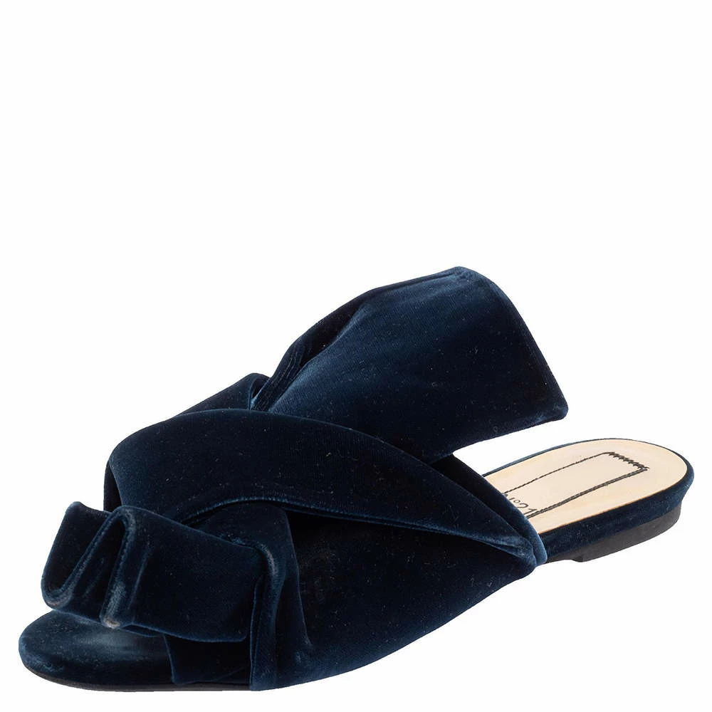 N21 Dark Blue Velvet Knot Flat Mules Size 38 Women Sandals N21 Dark Blue Velvet Knot Flat Mules Size 38 Women Sandals -N21shop luxury women n21 used shoes p437573 002