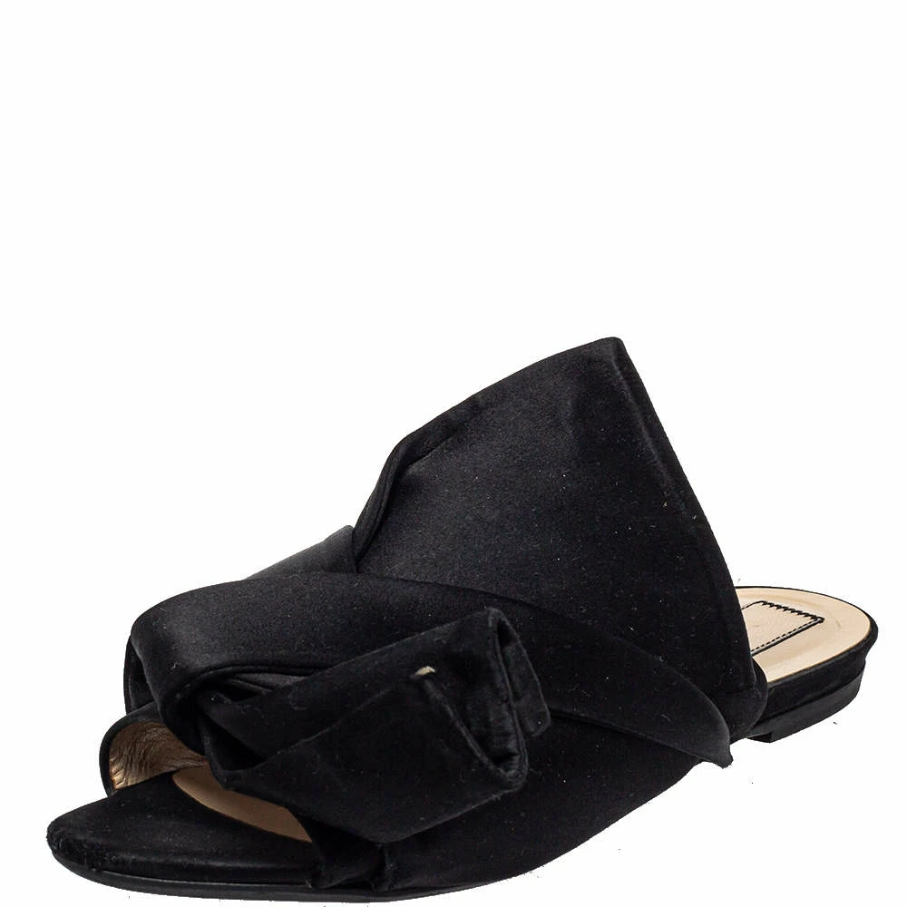 N21 Black Satin Raso Knot Peep Toe Flat Slides Size 39 Women Flats N21 Black Satin Raso Knot Peep Toe Flat Slides Size 39 Women Flats -N21shop luxury women n21 used shoes p454322 006