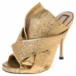 N21 Glitter Knot Gold Crackled Leather Mule Sandals Size 36 Women