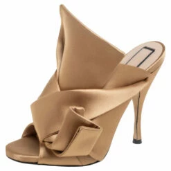 N21 Gold Satin Raso Knot Peep Toe Mules Size 37 Women Sandals