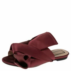 N21 Burgundy Satin Raso Knot Peep Toe Mules Size 37 Women Sandals