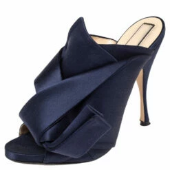 N21 Navy Blue Satin Raso Knot Peep Toe Slide Mules Size 41 Women Sandals