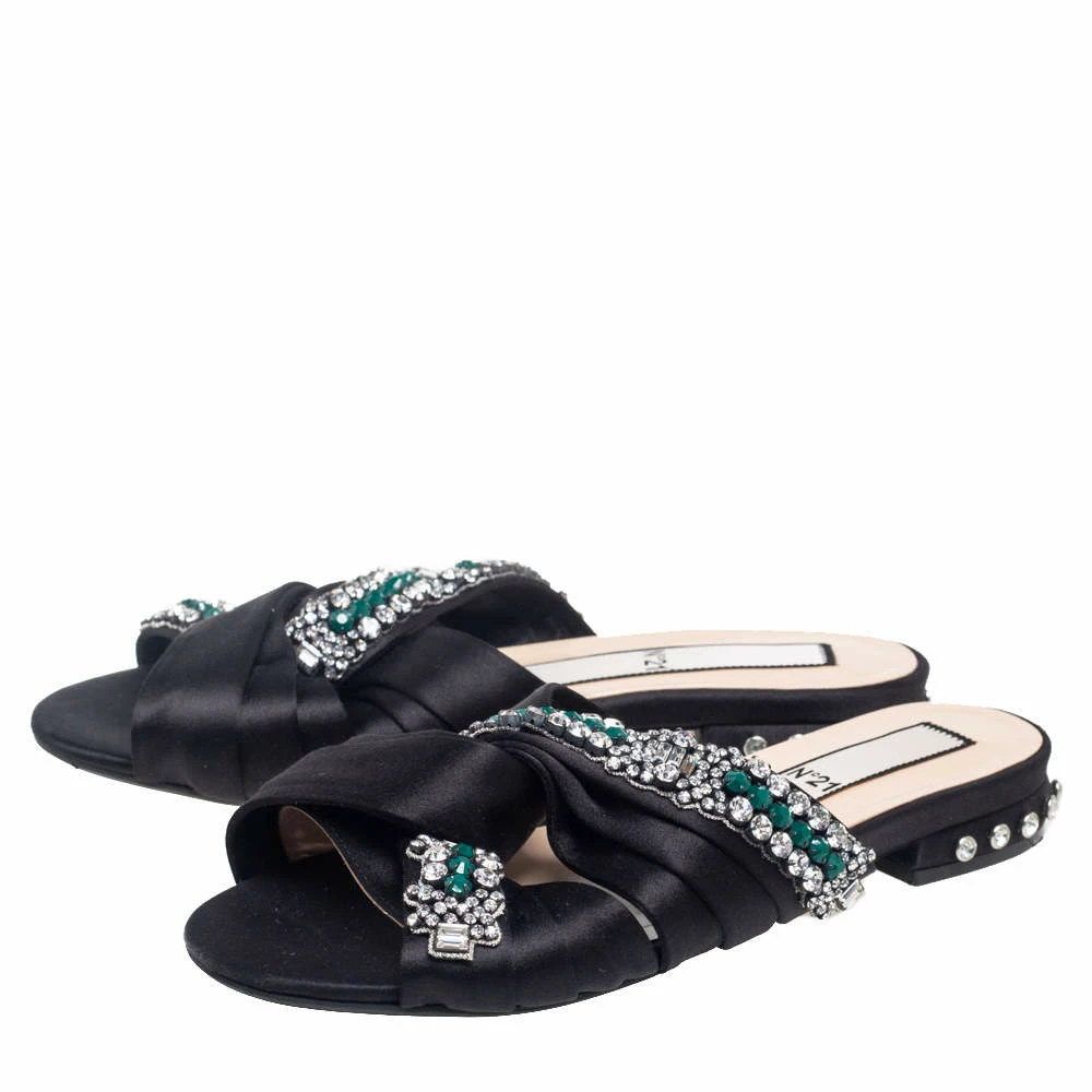 N21 Nº21 Black Satin Crystal Embellished Knotted Flat Slides Size 38 Women Flats N21 Nº21 Black Satin Crystal Embellished Knotted Flat Slides Size 38 Women Flats -N21shop luxury women n21 used shoes p541365 002
