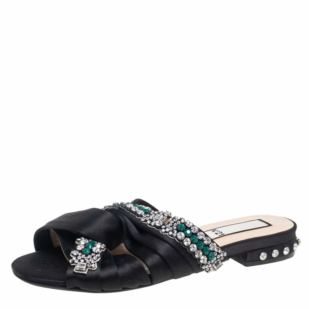 N21 Nº21 Black Satin Crystal Embellished Knotted Flat Slides Size 38 Women Flats N21 Nº21 Black Satin Crystal Embellished Knotted Flat Slides Size 38 Women Flats -N21shop luxury women n21 used shoes p541365 003