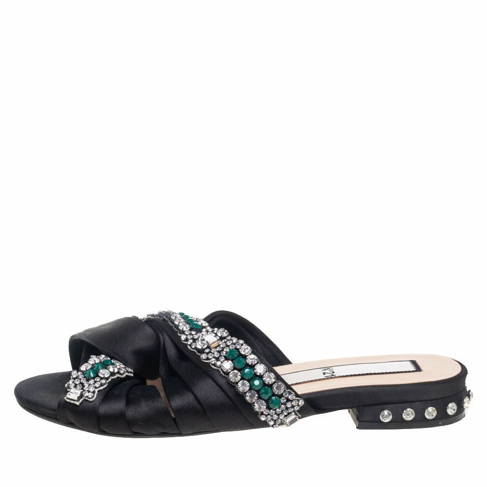 N21 Nº21 Black Satin Crystal Embellished Knotted Flat Slides Size 38 Women Flats N21 Nº21 Black Satin Crystal Embellished Knotted Flat Slides Size 38 Women Flats -N21shop luxury women n21 used shoes p541365 004