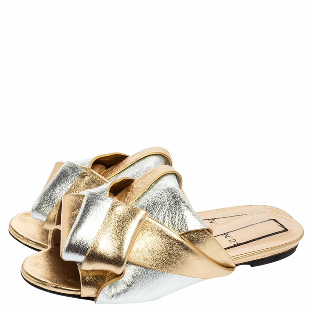 N21 N°21 Metallic Gold/Silver Leather Raso Knot Flats Size 37 Women N21 N°21 Metallic Gold/Silver Leather Raso Knot Flats Size 37 Women -N21shop luxury women n21 used shoes p551493 002