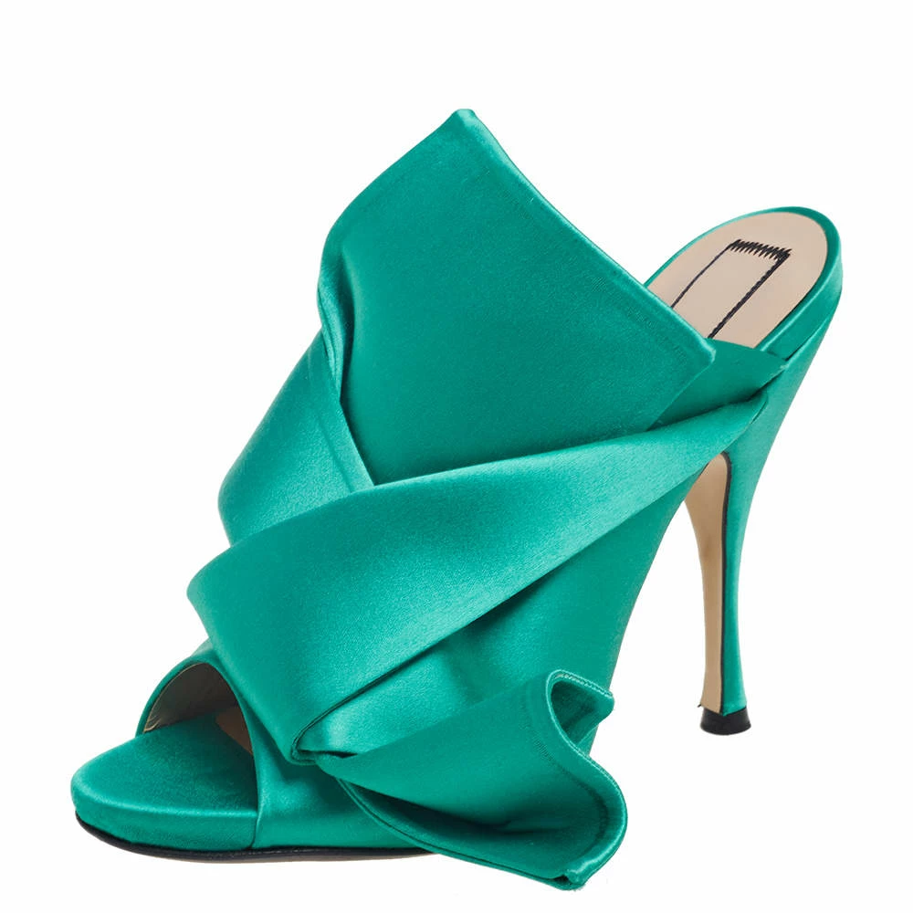 N21 Nº21 Emerald Green Satin Raso Knot Peep-Toe Mules Size 38.5 Women Sandals N21 Nº21 Emerald Green Satin Raso Knot Peep-Toe Mules Size 38.5 Women Sandals -N21shop luxury women n21 used shoes p586070 003