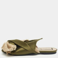 N21 Nº21 Army Green/Beige Satin And Canvas Raso Knot Flat Mules Size 39 Women Flats