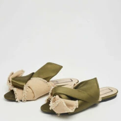 N21 Nº21 Army Green/Beige Satin And Canvas Raso Knot Flat Mules Size 39 Women Flats -N21shop luxury women n21 used shoes p621296 007