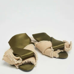 N21 Nº21 Army Green/Beige Satin And Canvas Raso Knot Flat Mules Size 39 Women Flats -N21shop luxury women n21 used shoes p621296 009