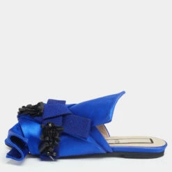 N21 Nº21 Royal Blue Satin Embellished Knot Flat Mules Size 36.5 Women Sandals
