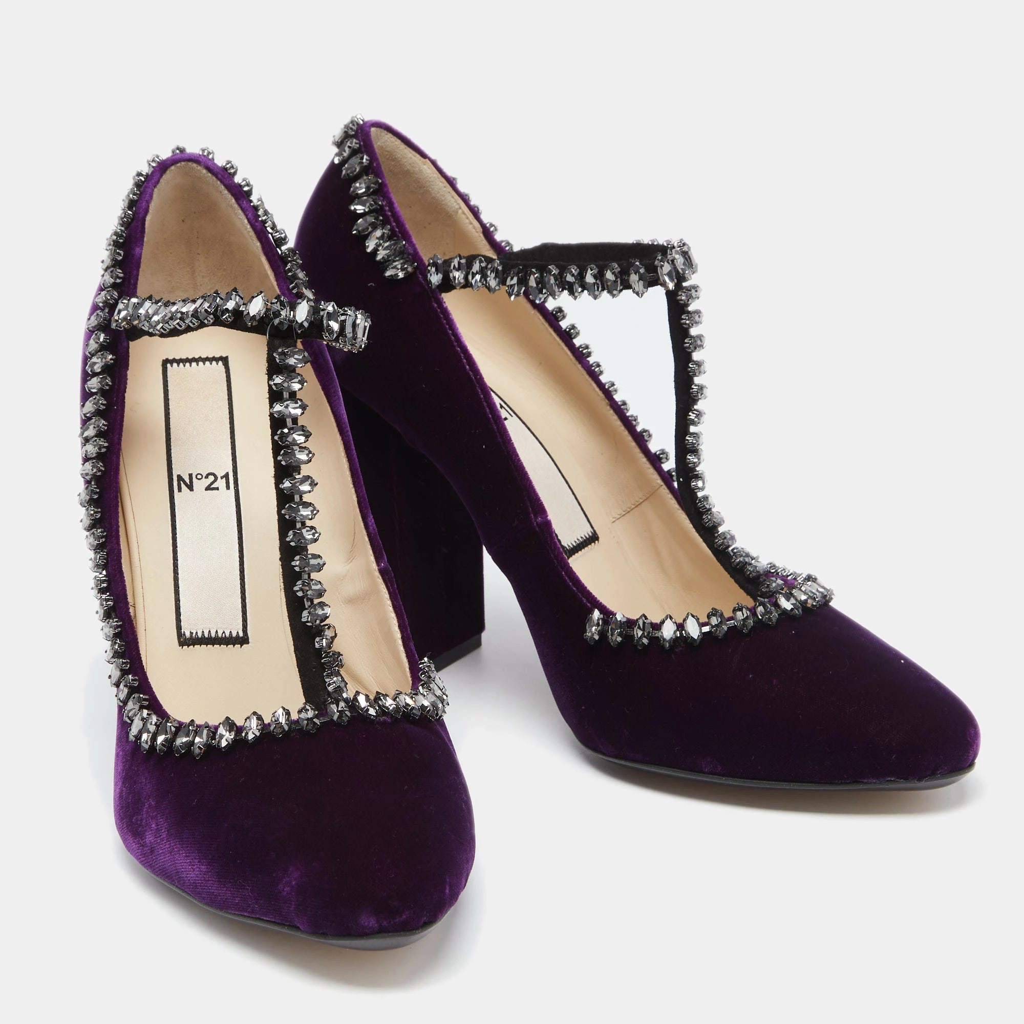 N21 N°21 Purple Velvet Crystal Embellished T Strap Block Heel Pumps Size 41 Women N21 N°21 Purple Velvet Crystal Embellished T Strap Block Heel Pumps Size 41 Women -N21shop luxury women n21 used shoes p632836 003