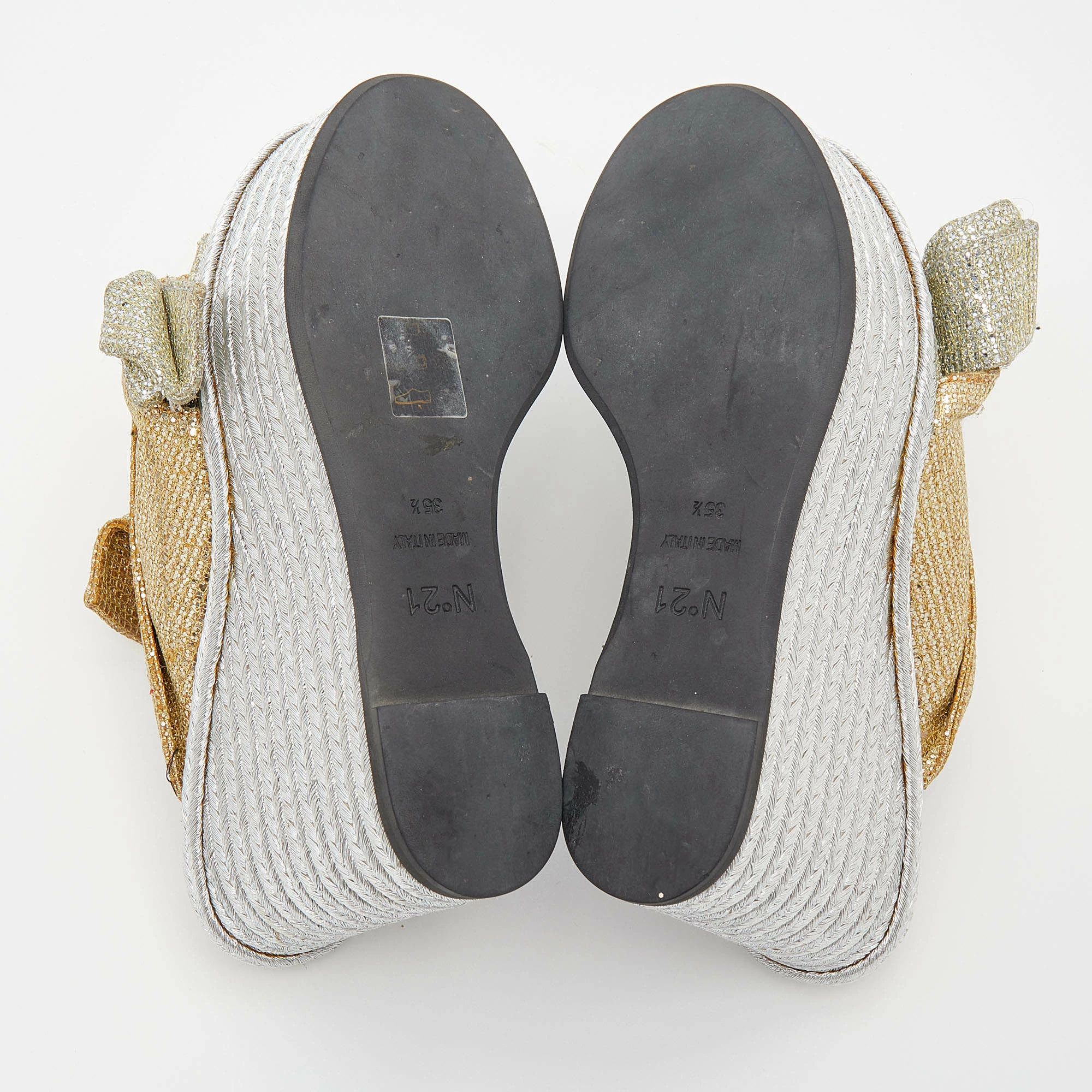 N21 Silver/Gold Glitter Fabric Raso Knot Espadrille Platform Wedge Sandals Size 35.5 Women N21 Silver/Gold Glitter Fabric Raso Knot Espadrille Platform Wedge Sandals Size 35.5 Women -N21shop luxury women n21 used shoes p663833 008