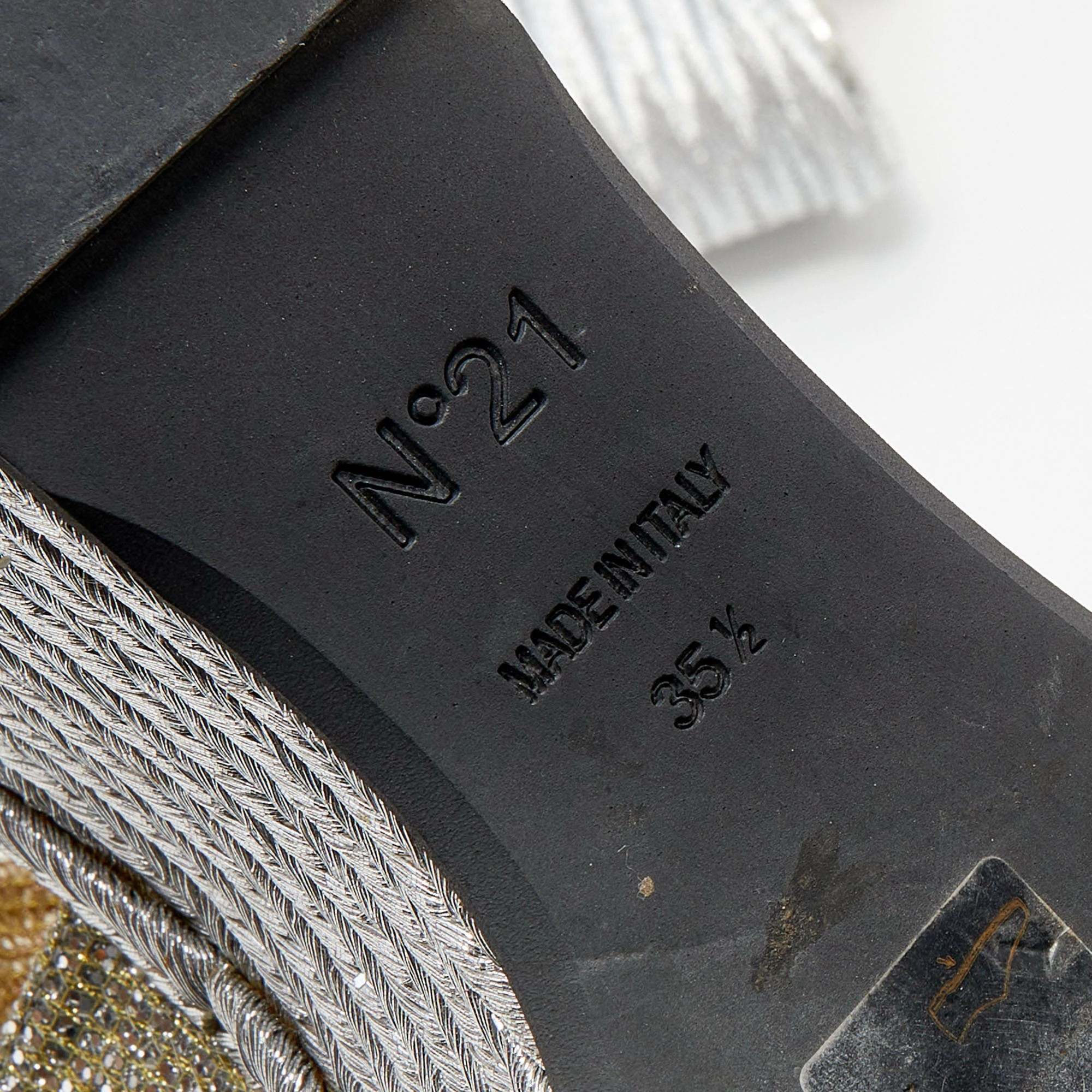 N21 Silver/Gold Glitter Fabric Raso Knot Espadrille Platform Wedge Sandals Size 35.5 Women N21 Silver/Gold Glitter Fabric Raso Knot Espadrille Platform Wedge Sandals Size 35.5 Women -N21shop luxury women n21 used shoes p663833 009