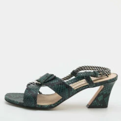N21 Green Snakeskin Embossed Leather Buckle Detail Slingback Sandals Size 40 Women