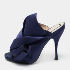 N21 Nº21 Navy Blue Satin Raso Knot Peep Toe Mules Size 38 Women Sandals