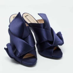 N21 Nº21 Navy Blue Satin Raso Knot Peep Toe Mules Size 38 Women Sandals -N21shop luxury women n21 used shoes p699719 006