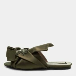 N21 Nº21 Olive Green Satin Embellished Raso Knot Flat Slides Size 38 Women Sandals