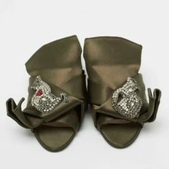 N21 Nº21 Olive Green Satin Embellished Raso Knot Flat Slides Size 38 Women Sandals -N21shop luxury women n21 used shoes p704314 005