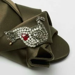 N21 Nº21 Olive Green Satin Embellished Raso Knot Flat Slides Size 38 Women Sandals -N21shop luxury women n21 used shoes p704314 008