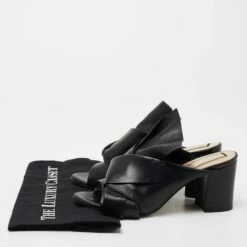 N21 Nº21 Black Leather Raso Knot Block Heel Mules Size 37.5 Women Sandals -N21shop luxury women n21 used shoes p713897 001